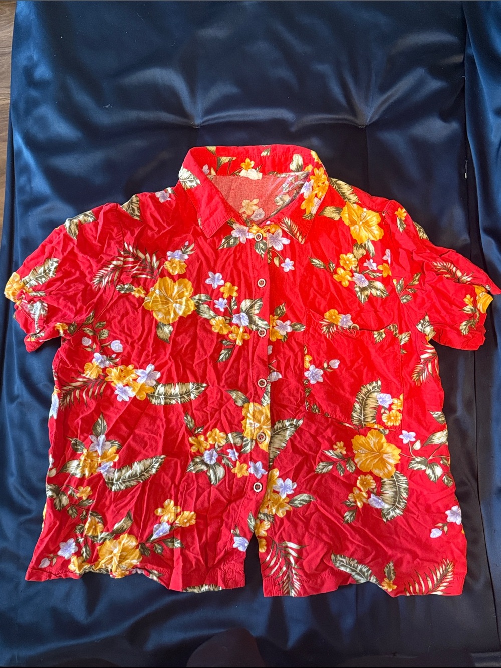 Garage Red Hawaiian Floral Button-Front Shirt with Yellow Blooms